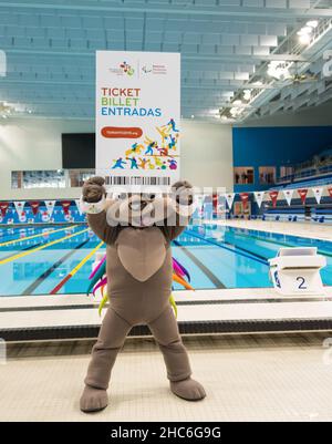 Il comitato organizzatore che utilizza Pachi la mascotte ufficiale del Toronto 2015 Parapan am Games ha annunciato che i biglietti sono già in vendita per l'evento. Foto Stock