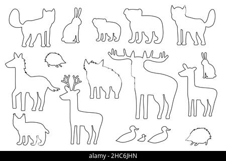 Set di animali da foresta di silhouette bianche nere. Vettore isolato da cartoni animati volpe, orso lupo, cucciolo di orso, cervo di alce, cervo di favola, hedgehog, lepre, anatra, anatroccolo, Illustrazione Vettoriale