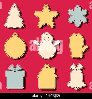 Tag di Natale. Christams albero, snowman, mitten e altri attributi di natale illustrazione vettoriale Illustrazione Vettoriale