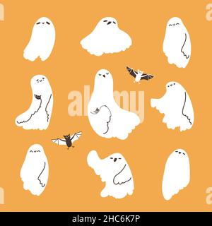 Set di fantasmi divertenti con pipistrelli vampiri in festa di Halloween. Illustrazione vettoriale di elementi isolati per il disegno autunnale su sfondo giallo. Illustrazione Vettoriale