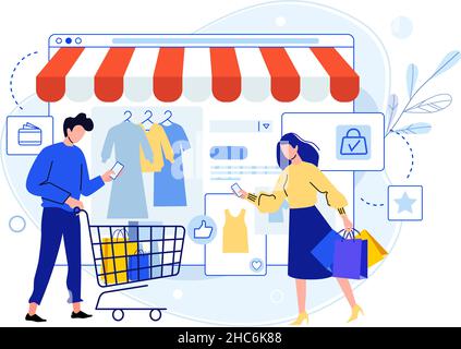 Uomo e donna fanno acquisti online utilizzando lo smartphone Illustrazione Vettoriale