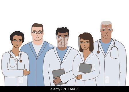 Gruppo di cinque medici con computer portatili, stetoscopi in piedi insieme, guardando la fotocamera. Illustrazione isolata piatta vettoriale su sfondo bianco Illustrazione Vettoriale