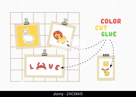 Stampa colore taglio carta colla gioco per lo sviluppo dei bambini. Tagliare le parti delle carte Alphabet, il colore, incollare sulla carta. Illustrazione vettoriale di presentazione di Amore Illustrazione Vettoriale