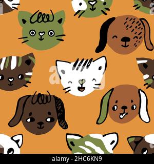 Disegno a mano vettore gatti e cani modello senza giunture. Teste di animali carini con illustrazione di emozioni per i bambini. Illustrazione Vettoriale