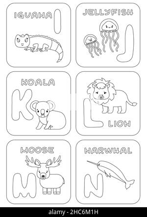 Alfabeto inglese i-N gioco per bambini. Pagine da colorare con animali e lettere che possono essere utilizzate per l'apprendimento, l'educazione relax, giochi per bambini. Vettore Illustrazione Vettoriale