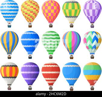Mongolfiere ad aria calda, colorati aerei vintage volanti. Air Journey trasporto aereo, sfera calda ariosa volare veicolo vettore illustrazione set. Aria calda retrò Illustrazione Vettoriale