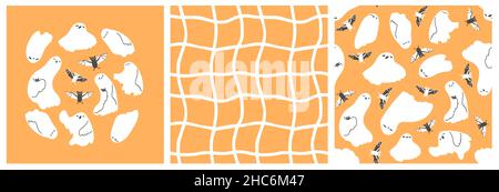 Set di due motivi senza cuciture grigio arancio bianco e fantasmi vampire bat concept per Halloween. Illustrazioni vettoriali disegnate a mano per abbigliamento bambini. Illustrazione Vettoriale