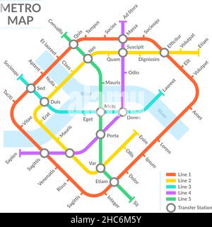 Mappa delle stazioni della metropolitana, schema dei trasporti pubblici sotterranei, rete metropolitana. Illustrazione vettoriale della mappa metropolitana urbana della città sotterranea. Metropolitana pubblico Illustrazione Vettoriale