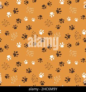 Modello senza giunture di cani, gatti o zampe di tigri. Illustrazione vettoriale disegnata a mano su sfondo giallo con linee come graffi. Illustrazione Vettoriale