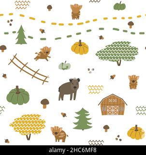 Autunno senza cuciture modello di cinghiale, famiglia di suinetti. Illustrazione vettoriale infantile di foglie, acorno, zucca, funghi, fienile, recinzione, natale Illustrazione Vettoriale