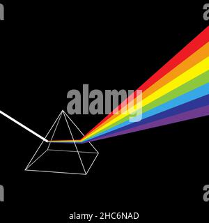 Prisma trasparente. Raggi di luce colorati. Dispersione dello spettro del raggio d'arcobaleno. Effetto ottico in triangolo Illustrazione Vettoriale