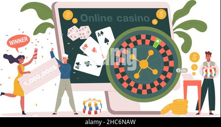 Gioco d'azzardo online, casinò online, poker, concetto di roulette. Vincitori di casino internet, poker online e illustrazione vettoriale slot. Fortunato Illustrazione Vettoriale