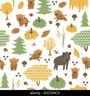 La famiglia dei cinghiali è nel modello senza giunture della foresta. Autunno porcini, piccoli animali maialini sono felici. Illustrazione infantile vettoriale di foglie disegnate a mano, acorno, Illustrazione Vettoriale