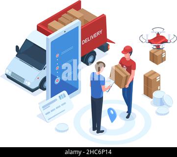 Logistica isometrica, servizio di spedizione, consegna di pacchi. Il corriere porta il pacchetto al cliente, insieme di illustrazione del vettore di consegna domestica. Logistica Illustrazione Vettoriale