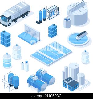 Impianti tecnologici isometrici per sistemi industriali di purificazione dell'acqua 3D. Serbatoi d'acqua industriali, set di illustrazioni vettoriali per stazioni di pompaggio. Industriale Illustrazione Vettoriale