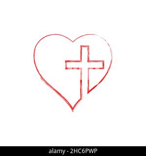 Croce cristiana segno nel cuore dentro. Disegno di linee continue. Piatta illustrazione cristiana isolata, sfondo biblico. Foto Stock