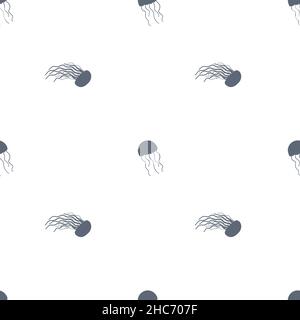 Semplice motivo vettoriale jellyfish bianco e nero senza cuciture. Animali blu isolati carini su sfondo bianco Illustrazione Vettoriale