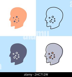 Icona dell'acne regolata nello stile piatto e di linea. Simbolo di eruzione cutanea sul viso. Profilo della testa umana con pimples. Illustrazione vettoriale. Illustrazione Vettoriale