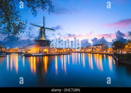 Mulino a vento e case tradizionali, Haarlem, Olanda Foto Stock