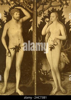 Adam and Eve, dipinto dell'artista tedesco Lucas Cranach, Monaco di Baviera 1897 Foto Stock