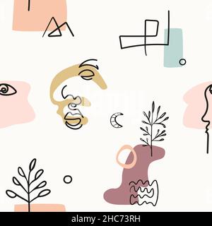 Disegno senza SeaSeamless di forme astratte, linee, alberi e volti in stile arte di linea. Illustrazione Vettoriale