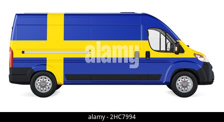 Bandiera svedese dipinta su furgone di consegna commerciale. Consegna merci in Svezia, concept. 3D rendering isolato su sfondo bianco Foto Stock