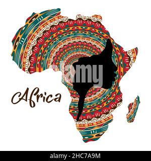 Concetto di donna africana, profilo viso silhouette con turbante a forma di mappa dell'Africa. Modello colorato con logo tribale in stampa afro. Vettore Illustrazione Vettoriale