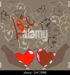san valentino cartellino rosso cuori in palme su uno sfondo marrone di cuori Illustrazione Vettoriale