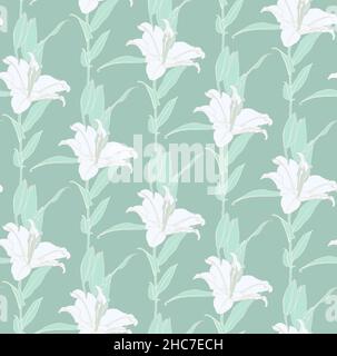 Motivi floreali senza cuciture di colore bianco e verde menta fiori di giglio con contorno argento. Stampa decorativa per carta da parati, confezionamento, tessuti, tessuti moda o altre copertine stampabili. Illustrazione Vettoriale