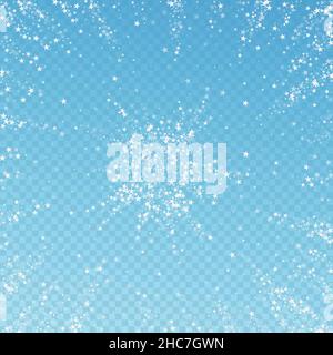 Stelle che cadono stupefacente sfondo di Natale. Sottili fiocchi di neve volanti e stelle su sfondo blu trasparente. Effettivo inverno argento fiocco di neve overlay Illustrazione Vettoriale