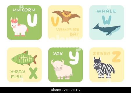 Carino U-Z carte alfabeto con cartoon foresta pluviale mare oceano animali africani. Illustrazioni vettoriali dello zoo. Unicorno, pipistrello vampiro, balena, pesce a raggi X, zebro di yak Illustrazione Vettoriale