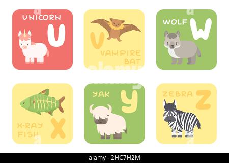 Carino vettore U-Z zoo piatto alfabeto isolato carte di istruzione con animali cartoni animati. Unicorno, pipistrello vampiro, lupo, pesci a raggi X, yak, zebra animali, styl Illustrazione Vettoriale