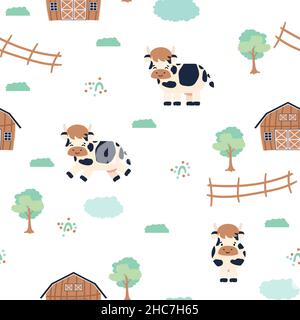 Carino mucca fattoria doodle animaletti animaletti senza cuciture modello, sfondo bianco. Illustrazione vettoriale per bambini, stile piatto Illustrazione Vettoriale