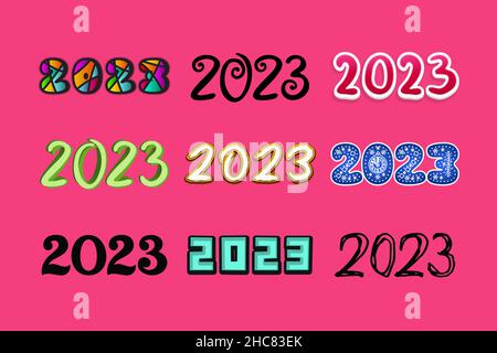 Set di numeri luminosi 2023, colori e stili diversi, sfondo rosa, per la progettazione di calendari, carte creatività. Illustrazione Vettoriale