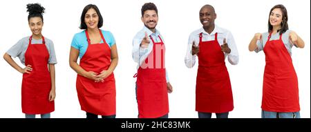 Camerieri, camerieri e camerieri - Gruppo di splendidi operai latinoamericani e africani e caucasici isolati su sfondo bianco per essere tagliati fuori Foto Stock
