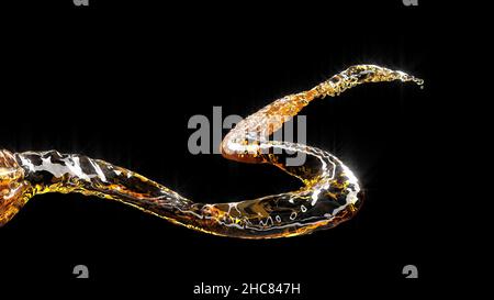 Alcohol Stream jet giallo birra liquida su gocce d'acqua nera caduta 3D resa Foto Stock