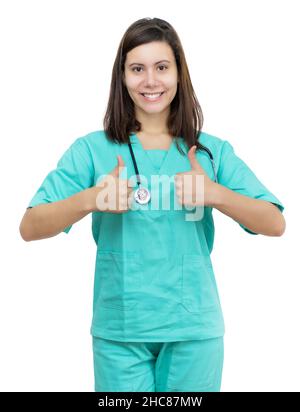 Ottimista tedesco infermiere femmina con capelli lunghi isolato su sfondo bianco per il taglio Foto Stock