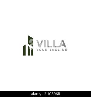 Villa dal design minimalista con logo e vista Illustrazione Vettoriale