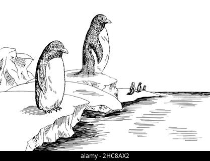 Pinguini in Antartide al grafico di iceberg in bianco nero schizzo vettore di illustrazione orizzontale Illustrazione Vettoriale