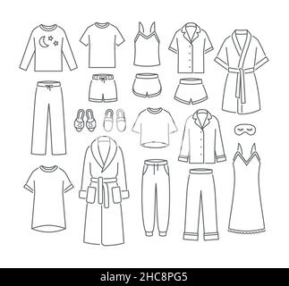 Donna abbigliamento casa sleepwear. Semplici icone vettoriali a linea sottile piatta. Comodi indumenti da salotto da indossare a letto. Pantaloni, shorts, camicie e top, paja Illustrazione Vettoriale