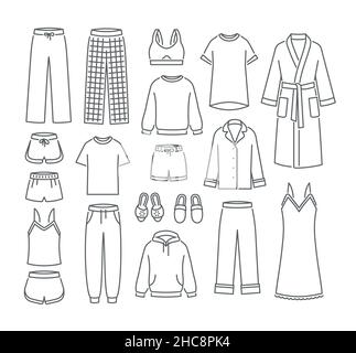 Donna abiti per la casa. Semplici icone vettoriali a linea sottile piatta. Comodi indumenti da salotto da indossare a casa. Pantaloni, camicie, pigiami, accappatoio, felpe Illustrazione Vettoriale
