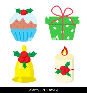 Set di elementi per le vacanze invernali. Buon Natale e Felice festa di Capodanno. Confezione regalo, campana di jingle, candela con arredamento di acino e tradizionale Illustrazione Vettoriale