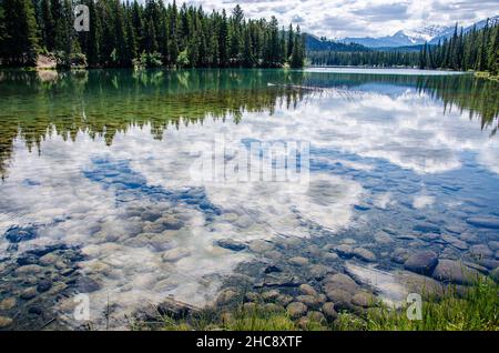 Incantevole vista su un lago tranquillo circondato da alberi Foto Stock