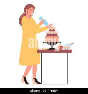 Donna che decora una torta al forno con panna montata. Pasticceria dolce cucina panetteria pasticceria illustrazione vettoriale piatta Illustrazione Vettoriale