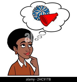 Black Woman Thinking About Cheerleading - Un'illustrazione cartoon di una Black Woman Thinking About Cheerleading per una squadra. Illustrazione Vettoriale