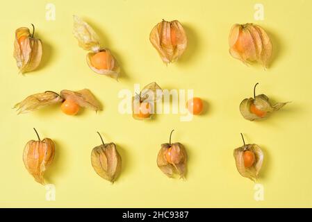 Diversi physalis maturi (bacche di Capo) si trovano uno accanto all'altro e formano una texture su sfondo giallo Foto Stock