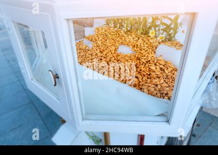 Chiosco mobile per la vendita di mandorle fresche e succose su ghiaccio. Uno spuntino buono e sano durante il tempo caldo. Foto Stock