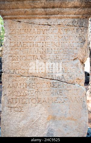 Iscrizioni in greco su colonne nelle rovine dell'antica città di Phaselis nella Turchia moderna Foto Stock