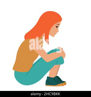 La ragazza è seduta. Una ragazza spaventata, depressa, triste sembra sola. Illustrazione vettoriale di un bambino impotente e spaventato. Preoccupazione e paura. Stile piatto, Illustrazione Vettoriale