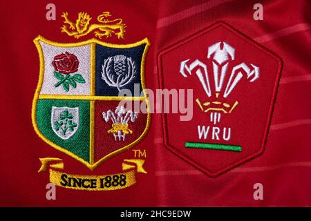 Primo piano della maglia britannica e irlandese Lions e Galles Foto Stock